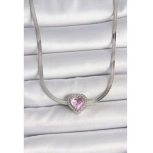 Pembe Zirkon Taşlı Kalp Model Kadın Kolye - Görsel 1