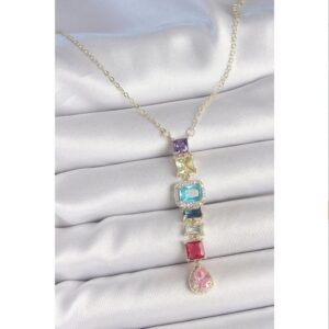 Gold Karışık Renk Zirkon Taşlı Y Pirinç Kolye - Görsel 1