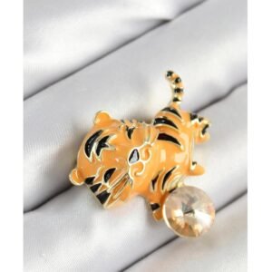 Zirkon Taşlı Siyah Çizgili Turuncu Kaplan Figürlü Gold Renk Kadın Broş - Görsel 1