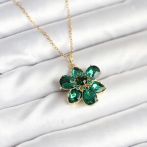 316L Çelik Zincirli Yeşil Çiçek Model Kadın Kolye - Görsel 1