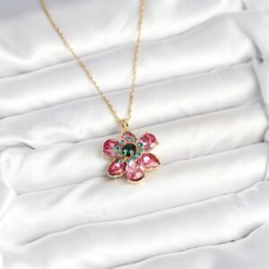 316L Çelik Zincirli Pembe Çiçek Model Kadın Kolye - Görsel 2