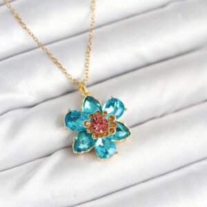 316L Çelik Zincirli Mavi Çiçek Model Kadın Kolye - Görsel 1