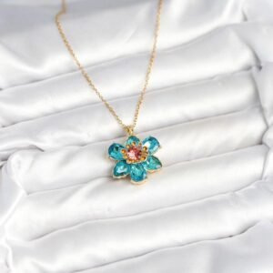 316L Çelik Zincirli Mavi Çiçek Model Kadın Kolye - Görsel 2